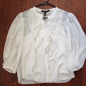 White House Black Market Pleat Ruffle Blouse White M NWT